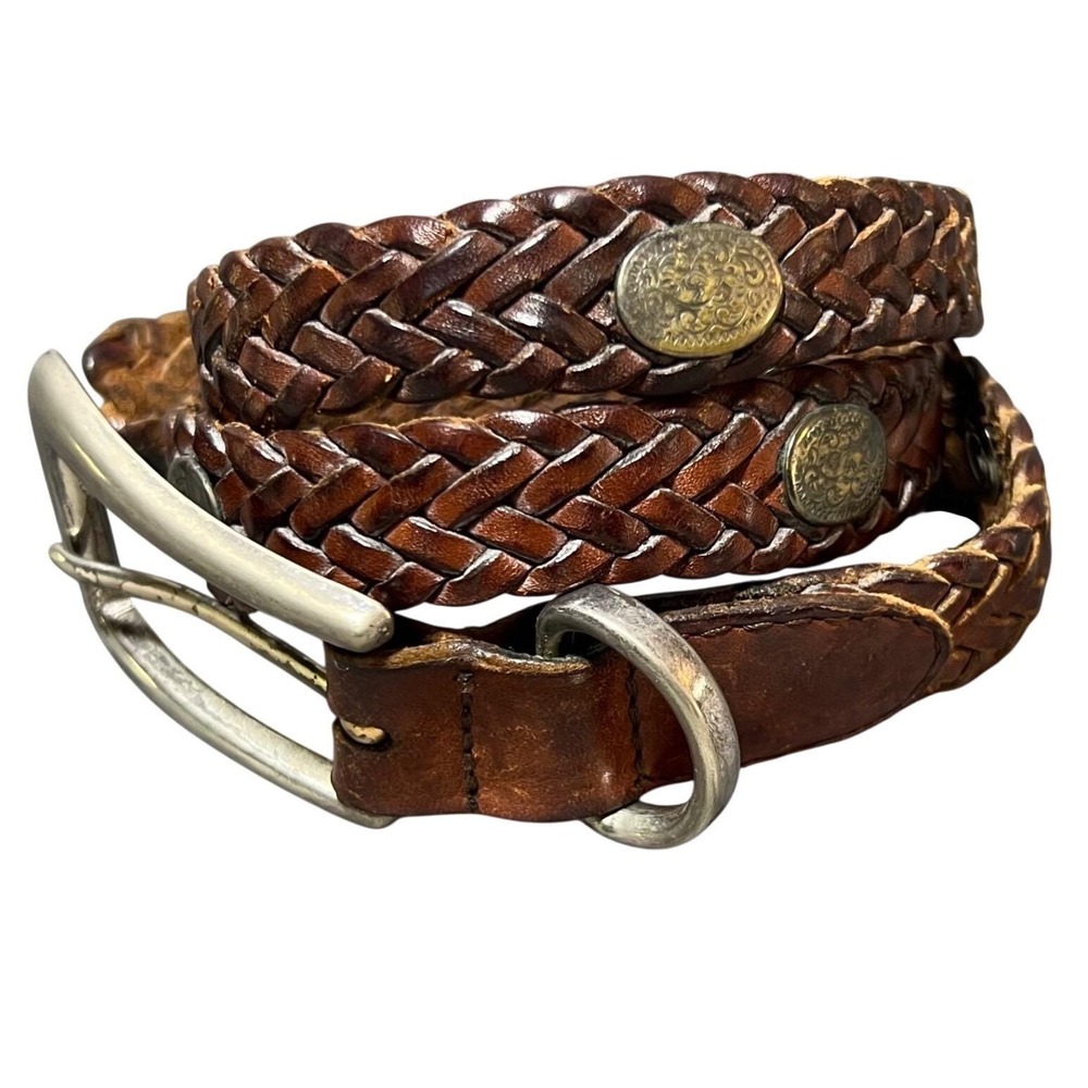 Vintage Fossil Brown Braided Leather Concho Western Belt Womens Small 90s